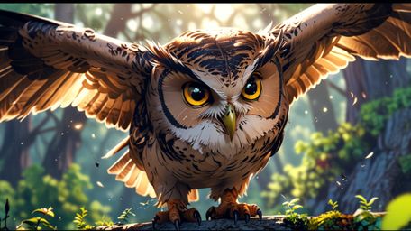 A heartwarming and visually charming scene, rendered in a blend of Pixar and anime styles, depicts a blind owl acting as a fl