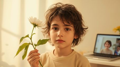 In a warmly lit, cinematic photograph, a bright-eyed and curious homeschooled genius, around 10-12 years old with messy curly