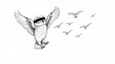 A heartwarming hand-drawn sketch in Pixar style depicts a blind owl, its textured feathers showcasing intricate pencil stroke