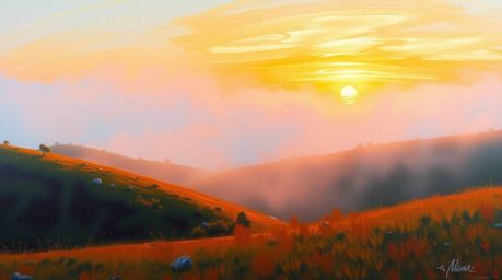 This bold acrylic painting captures the serene beauty of fog-covered hills as the vibrant sunset light breaks through, creati