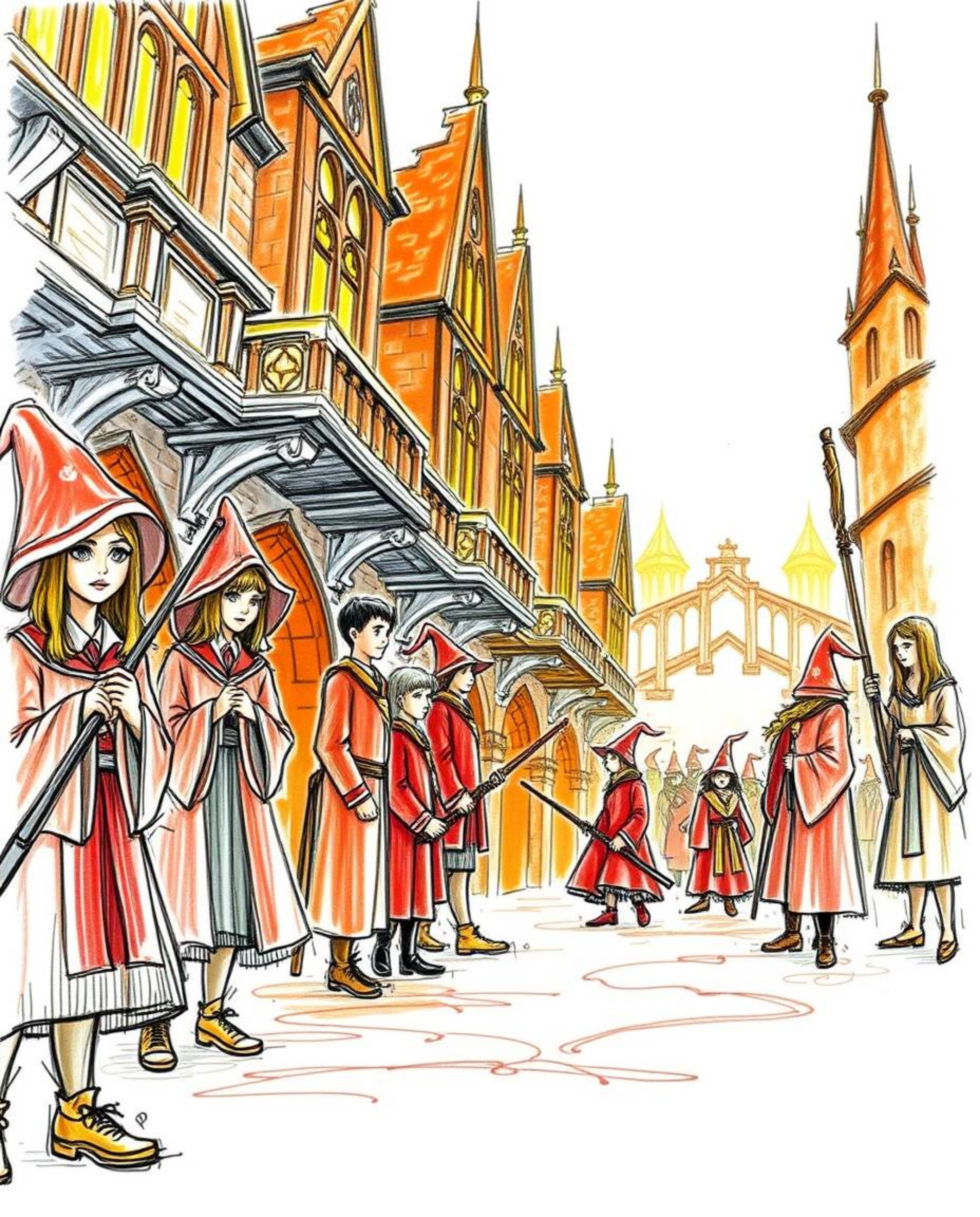 Experience the magic of tomorrow with this hand-drawn sketch depicting a magical school brimming with young wizards. Set in a