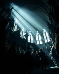 Discover a captivating image of a magical school brimming with young wizards.  The low-angle shot, enhanced by dramatic light