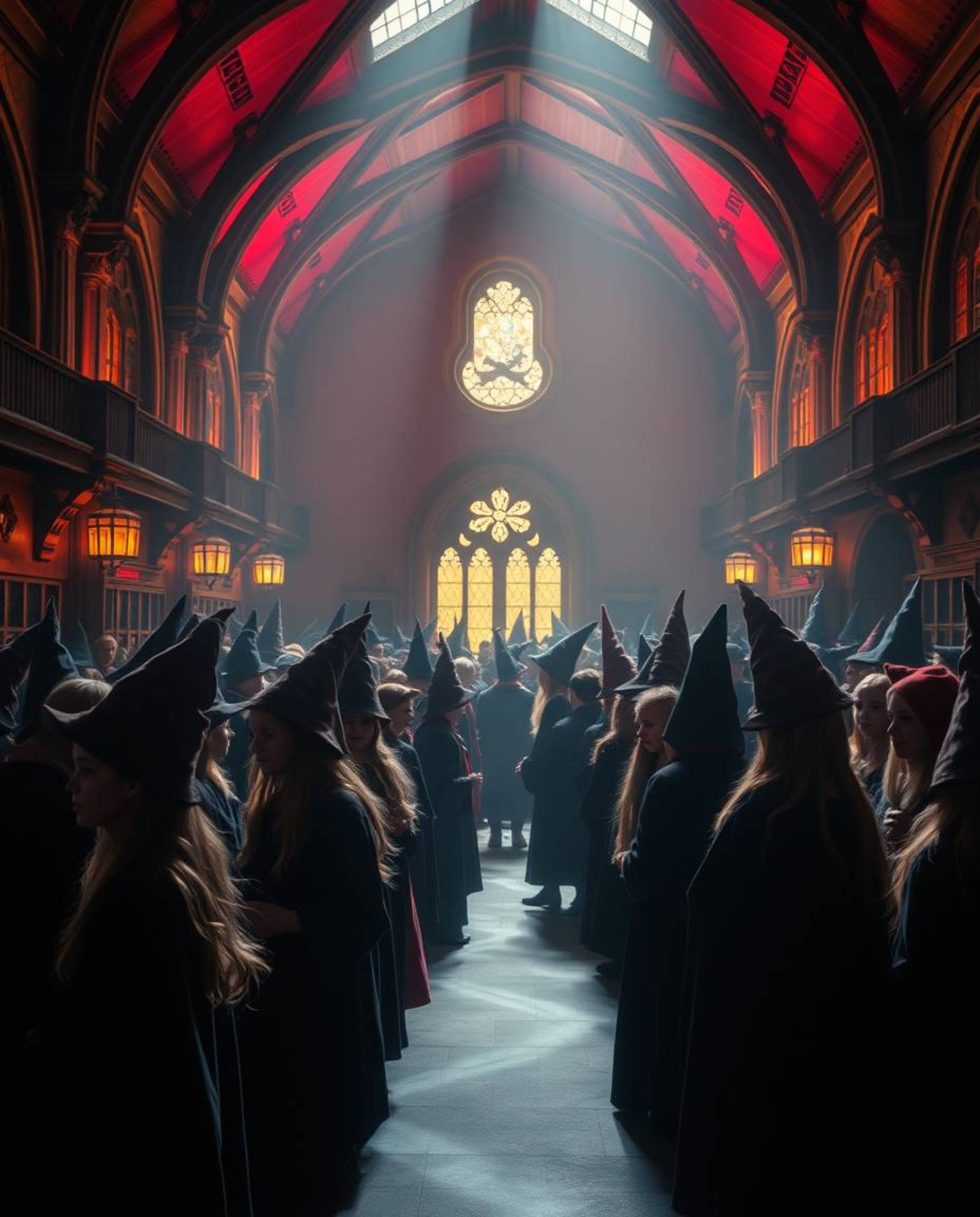 A captivating long-exposure photograph depicts a magical school brimming with young wizards.  Bathed in soft, warm light with