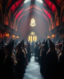A captivating long-exposure photograph depicts a magical school brimming with young wizards.  Bathed in soft, warm light with