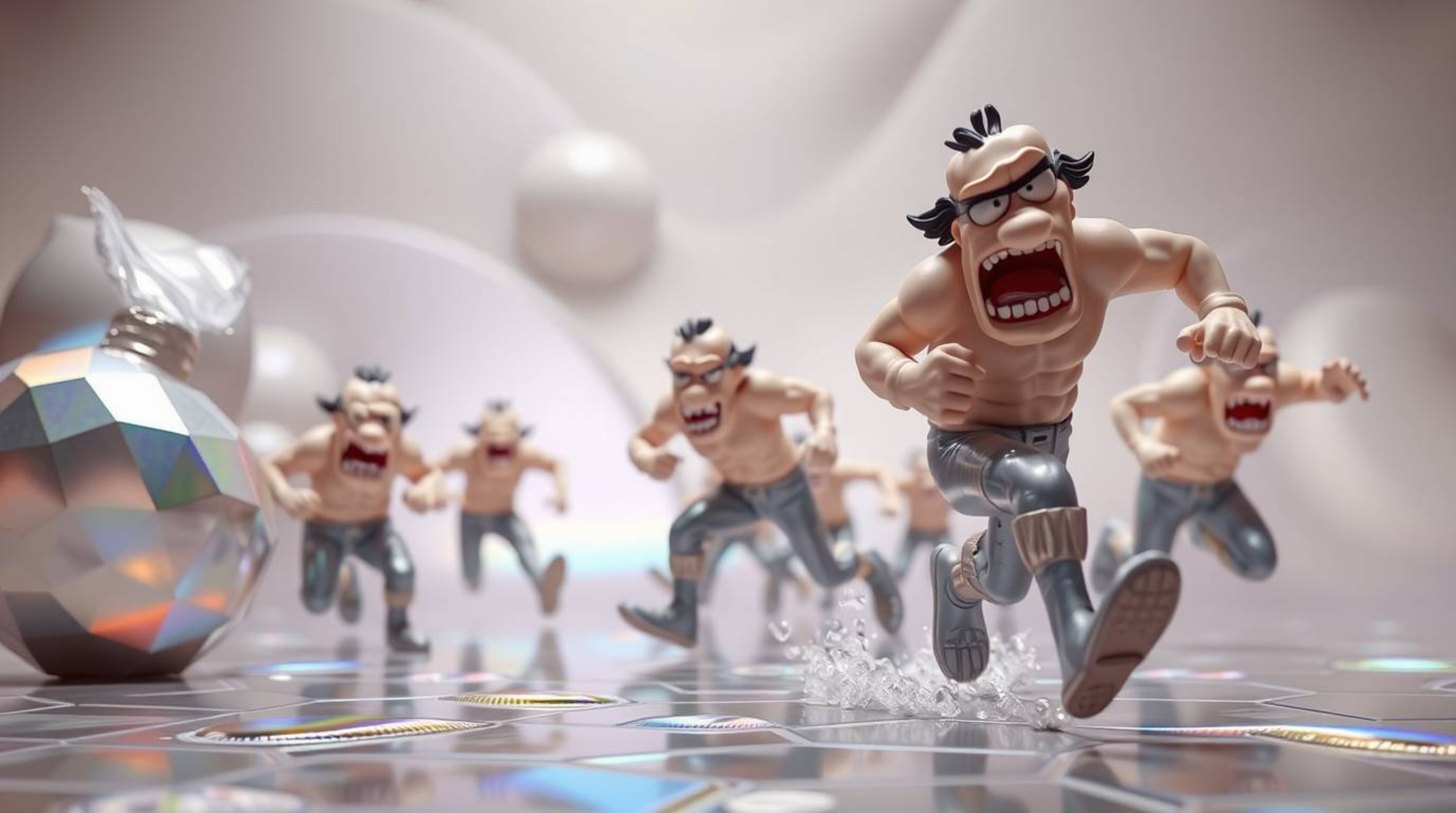 Experience a vibrant chase scene brought to life through exaggerated squash and stretch animation, meticulously sculpted from