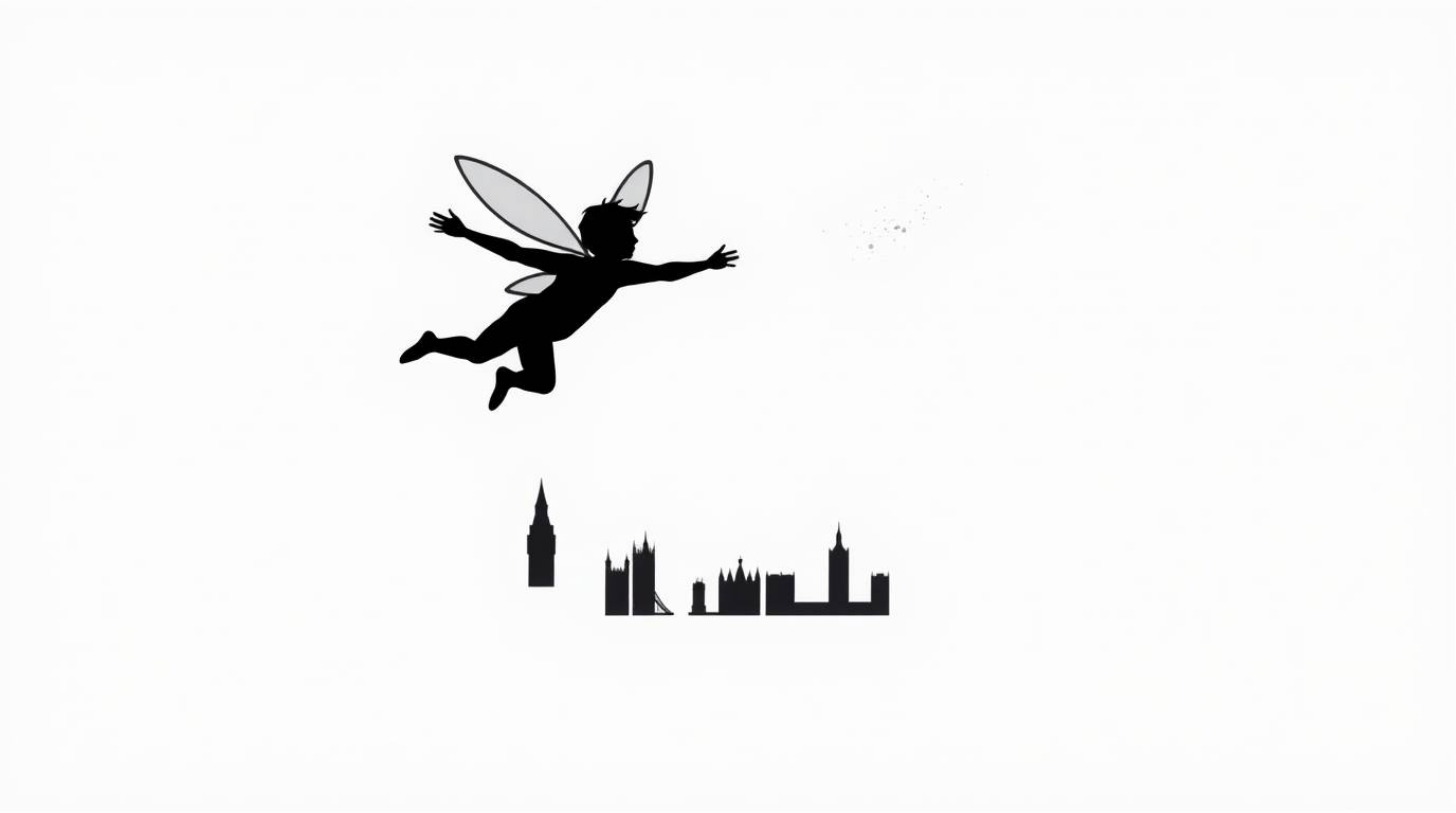 A captivating logo design showcasing a young boy soaring above London with pixie dust, inspired by the dramatic chiaroscuro l