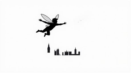 A captivating logo design showcasing a young boy soaring above London with pixie dust, inspired by the dramatic chiaroscuro l
