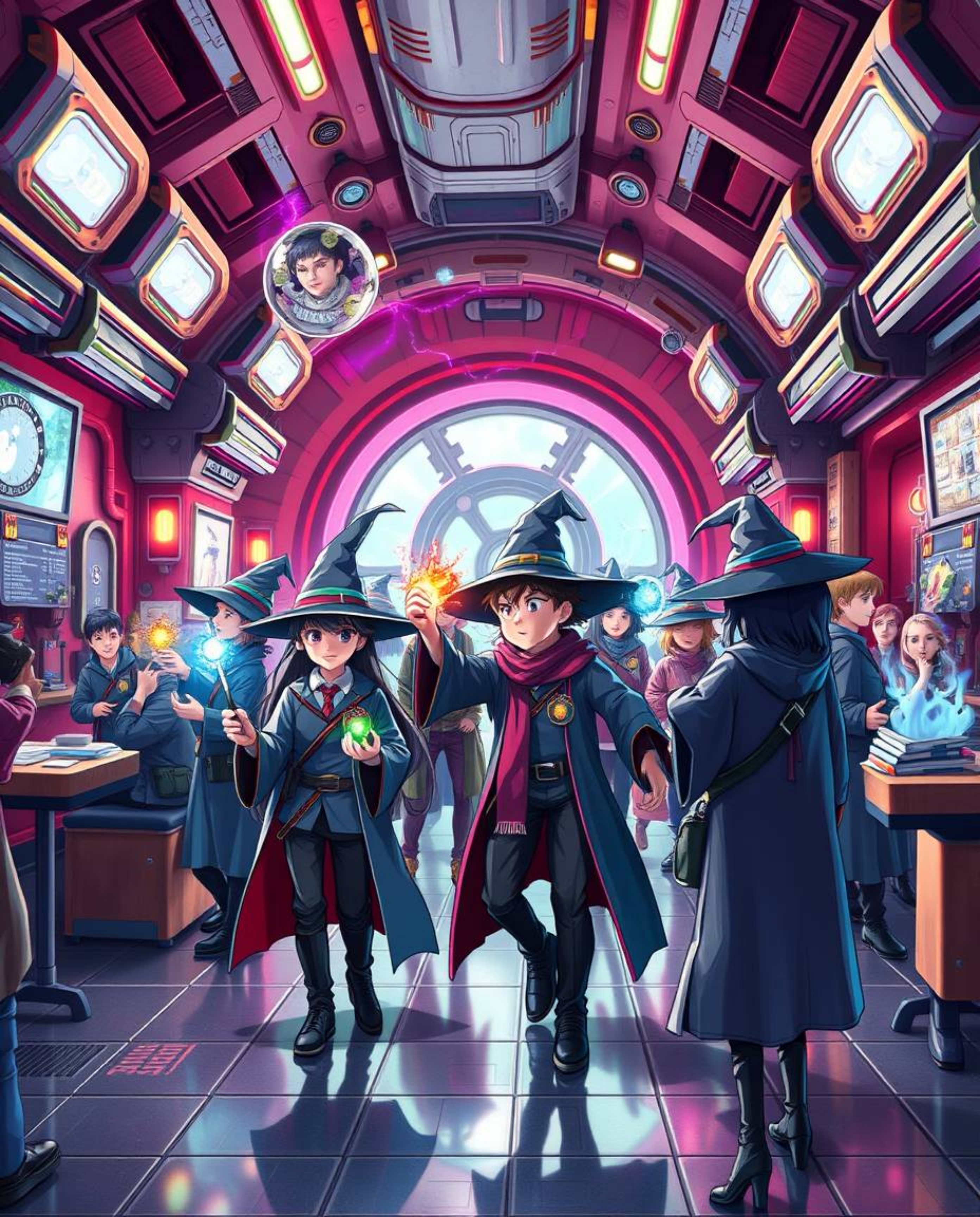 Explore a futuristic wizard academy teeming with young, energetic wizards, brought to life in a vibrant sci-fi style. This ma