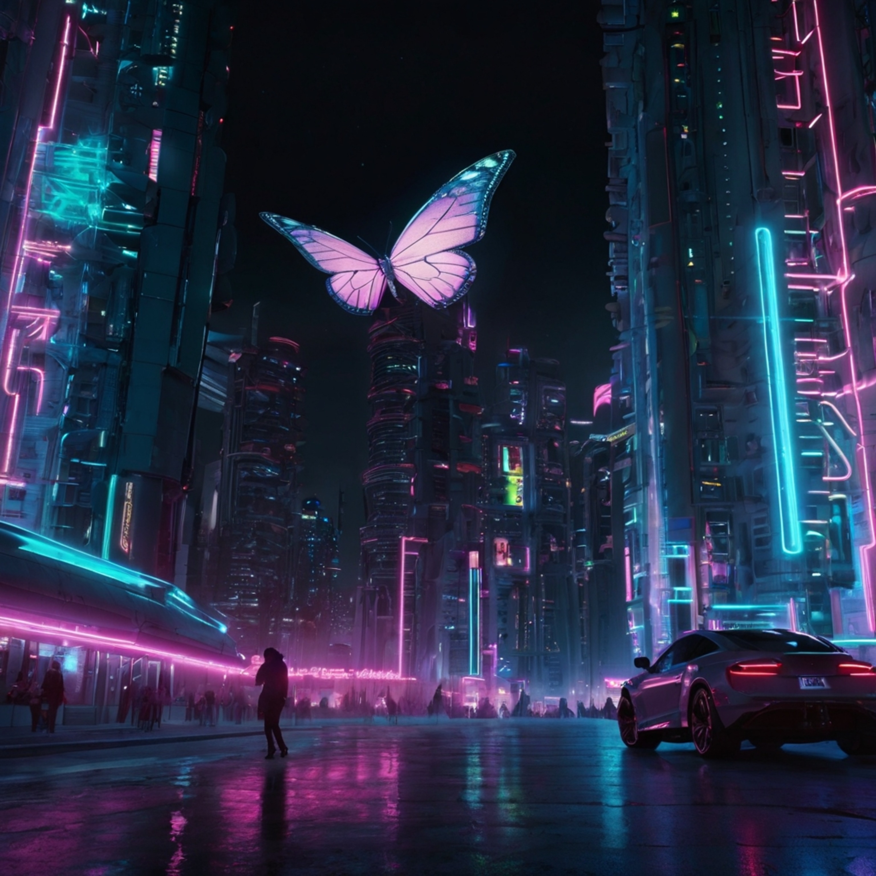 This digital art piece showcases a mesmerizing neon butterfly gracefully flying through the vibrant and detailed landscape of