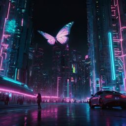 This digital art piece showcases a mesmerizing neon butterfly gracefully flying through the vibrant and detailed landscape of
