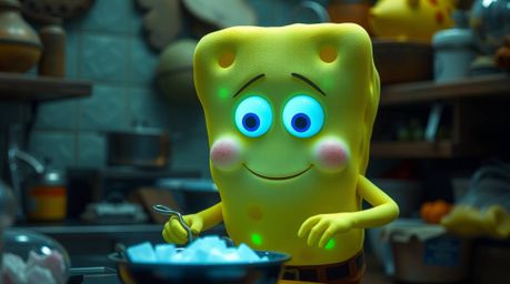 Discover a captivating high-resolution image of a pale yellow sponge character, adorned with vibrant bioluminescent details, 