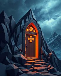 An intricate origami-style illustration depicts an ancient doorway, etched with glowing runes, nestled within a mountain's si
