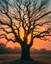 A dynamic sunset behind an old oak tree with twisted branches, featuring a striking combination of warm terracotta and cool t