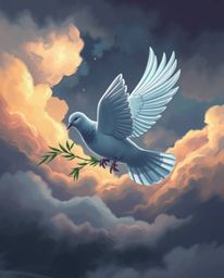 This digital sketch captures a dove carrying an olive branch through turbulent, stormy skies, rendered with epic colors and a