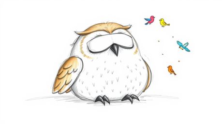 A charming hand-drawn sketch in the style of Pixar depicts a gentle, blind owl with light brown feathers and rounded features