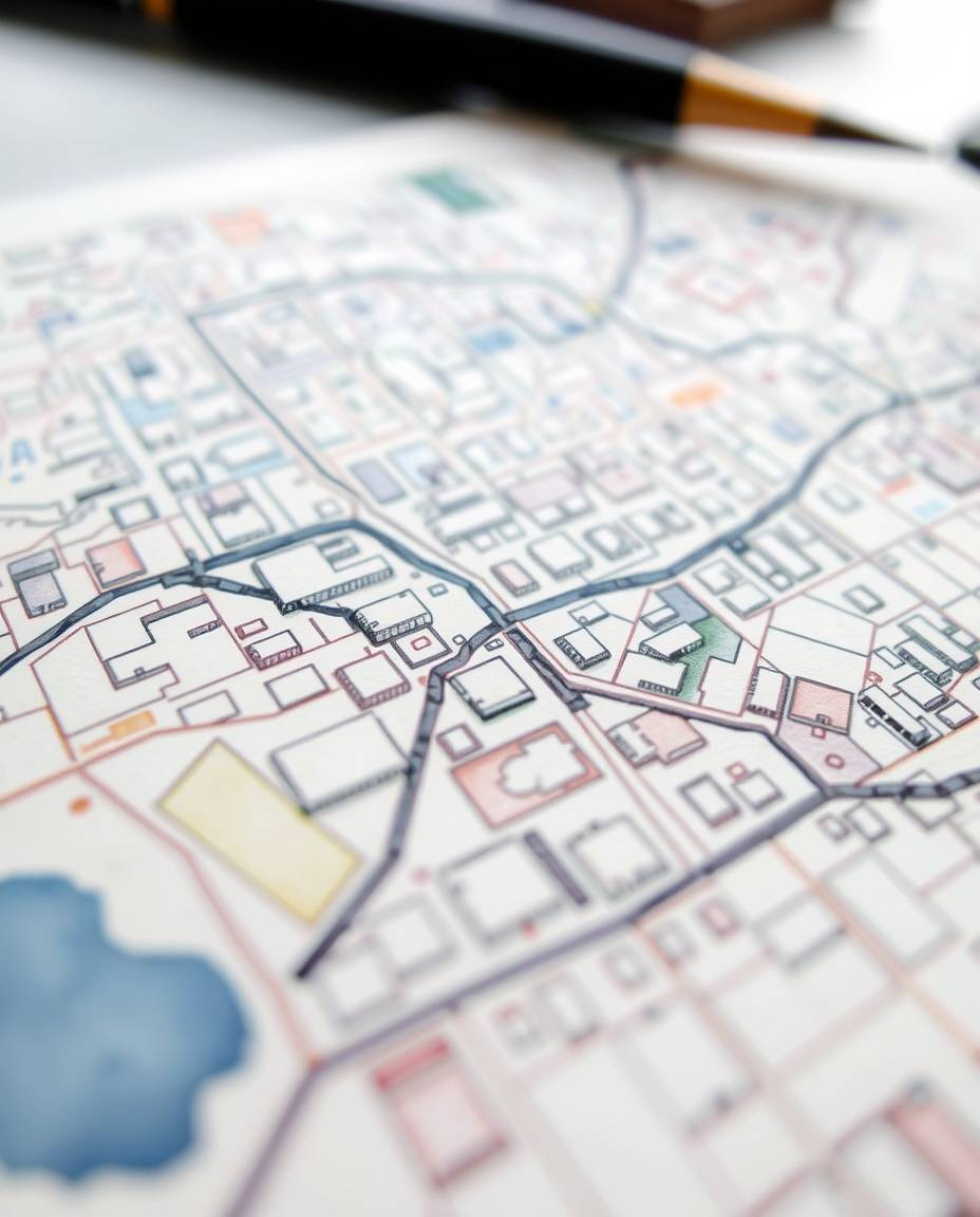 A delicate watercolor painting presents a tight close-up of an abstract city map constructed from geometric shapes, observed