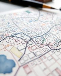 A delicate watercolor painting presents a tight close-up of an abstract city map constructed from geometric shapes, observed 