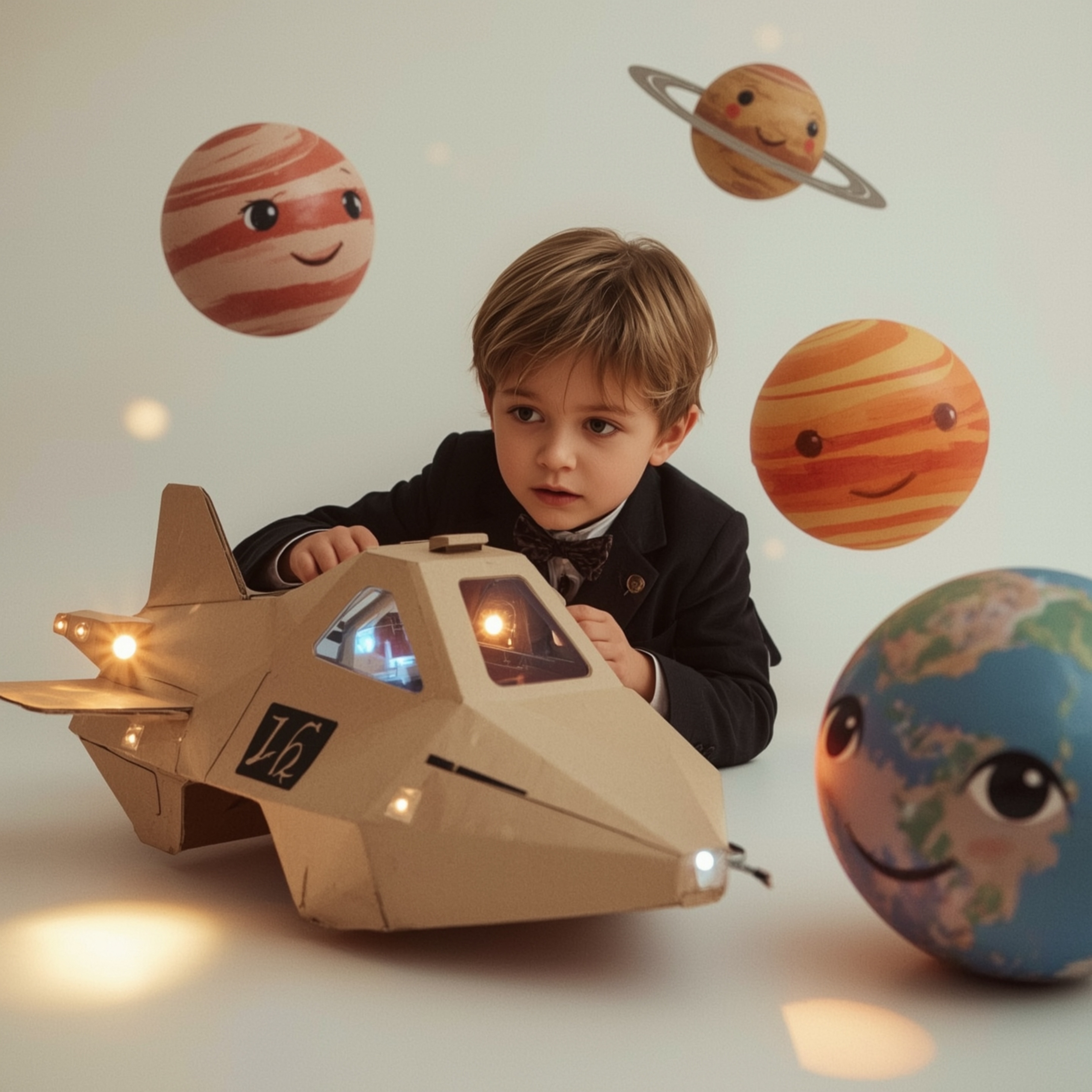 Exquisite high-fashion photography of a boy with curious eyes, building an intricately designed cardboard spaceship with flas