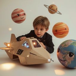 Exquisite high-fashion photography of a boy with curious eyes, building an intricately designed cardboard spaceship with flas