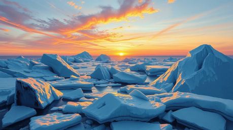 A classic oil painting style depicts a breathtaking sunset over icy polar glaciers, showcasing rich textures and visible brus
