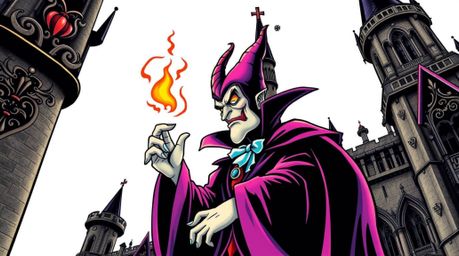 This art print showcases a symbolic traditional tattoo featuring a classic Disney villain casting a spell in an old castle.