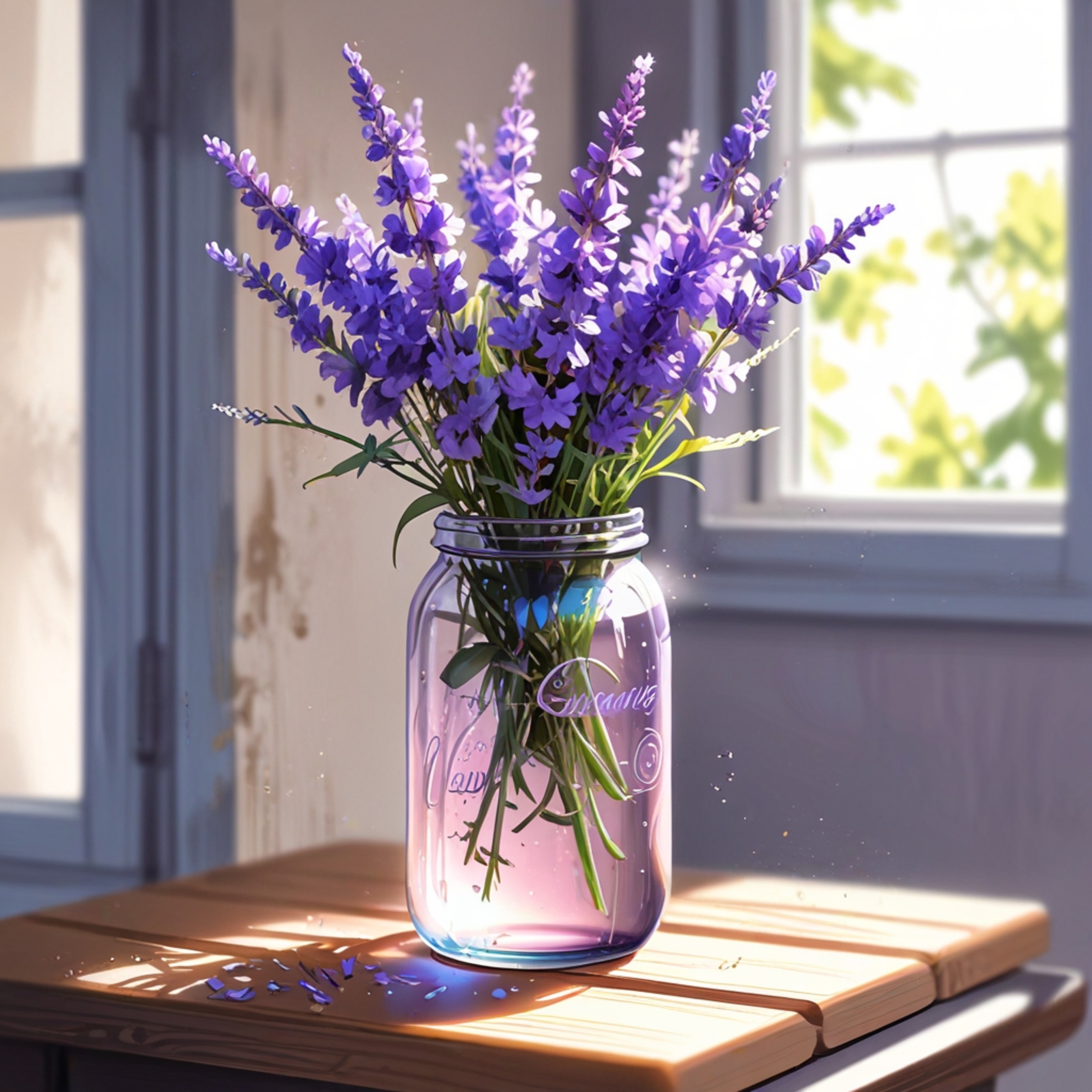 A delicate bouquet of fragrant lavender is artfully arranged in a charming vintage glass jar. Positioned on a sun-drenched w