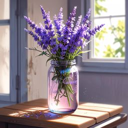 A delicate bouquet of fragrant lavender is artfully arranged in a charming vintage glass jar.  Positioned on a sun-drenched w