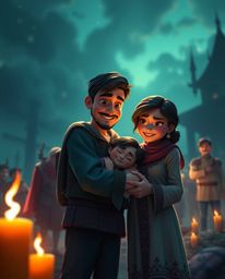 Imagine a grand and epic scene reminiscent of Pixar's finest work, capturing a deeply heartfelt family reunion. The scene is 