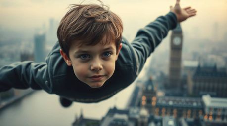 A captivating image of a young boy with delicate features, soaring above the iconic London skyline with magical pixie dust.