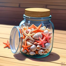 A charming collection of seashells and starfish neatly arranged in a clear glass jar adds a touch of coastal elegance to any