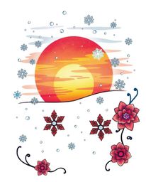 A soft and dreamy traditional tattoo art print capturing the magical scene of snowflakes falling during a vibrant sunset. Thi