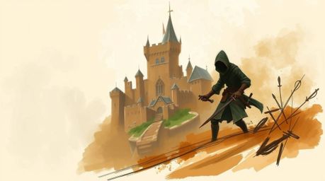 A thief, dynamically sketched in muted earth tones, is depicted sneaking into a heavily guarded castle. The scene emphasizes 