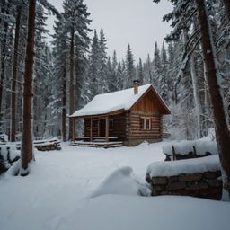 Escape to a cozy traditional wooden cabin nestled deep in the woods. This charming retreat features a rustic stone chimney an