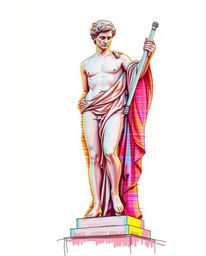A hand-drawn color sketchnote of a classical sculpture undergoes a digital transformation with a vibrant glitch effect, bathe