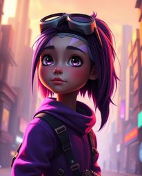 A captivating digital painting showcases a young, inventive girl within a vibrant futuristic city, rendered in a charming Pix