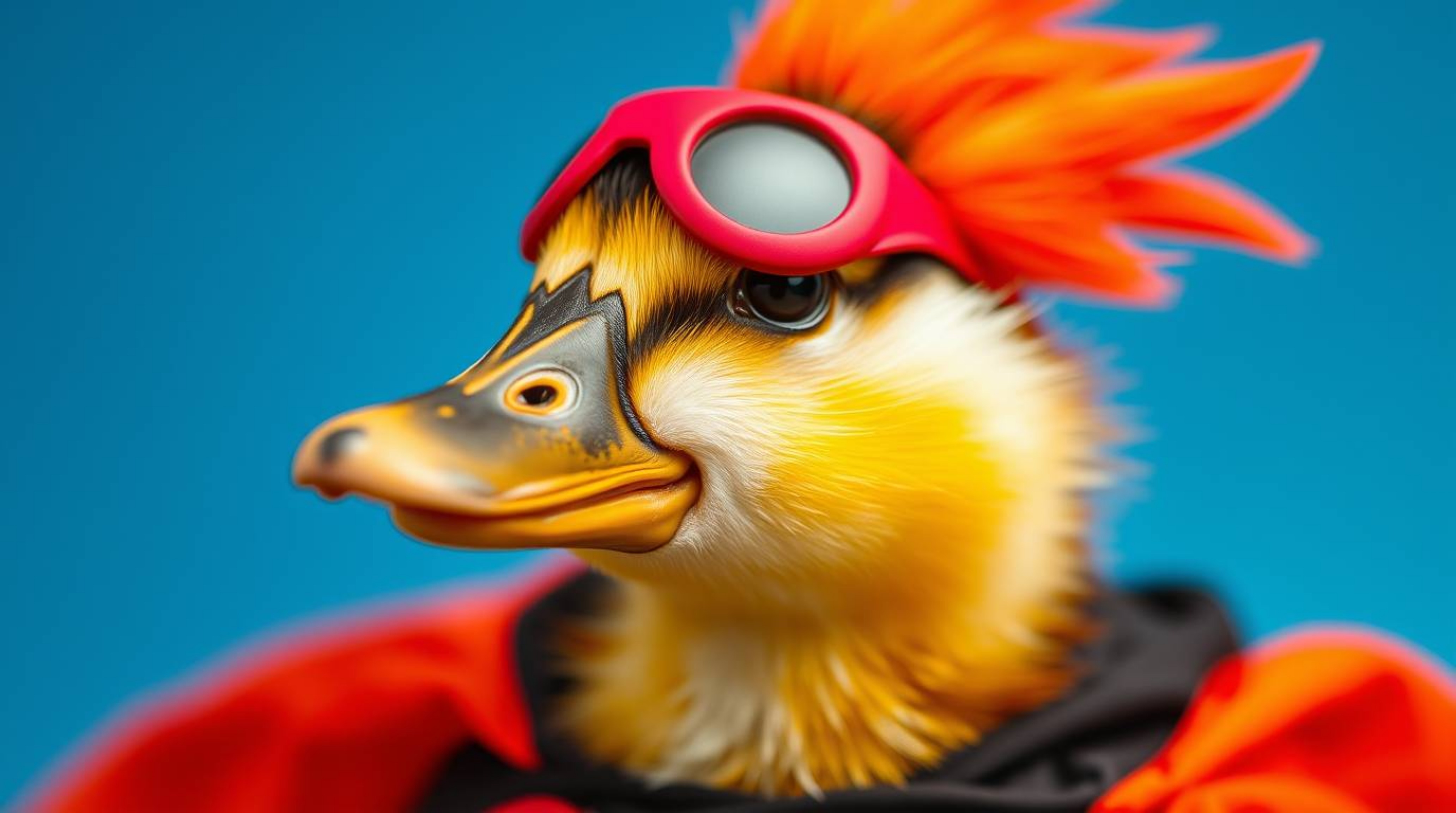 An extreme macro close-up image showcasing a duck dressed in a zany superhero costume. The photograph focuses on intricate de