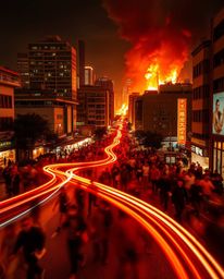 Experience the chaos and beauty of a city consumed by fire in this captivating long-exposure photograph. Witness the desperat