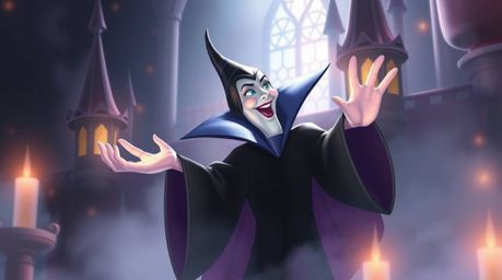 A captivating soft pastel painting depicts a classic Disney villain with delicate features, casting a spell within a whimsica