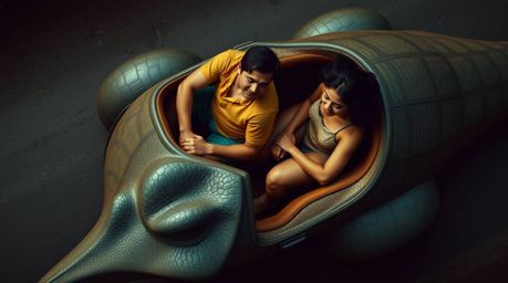 A captivating overhead shot depicts a prehistoric family with tan skin and dark hair enjoying a ride in a unique dinosaur-sha