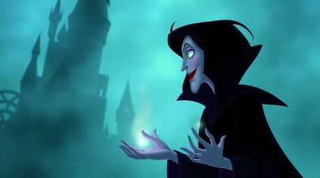 A classic Disney villain with pale skin and dark hair casts a spell in an old castle shrouded in thick fog, creating a myster