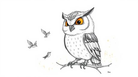 A heartwarming hand-drawn sketch in the style of Pixar, depicting a gentle blind owl with soft feathers patiently teaching sm