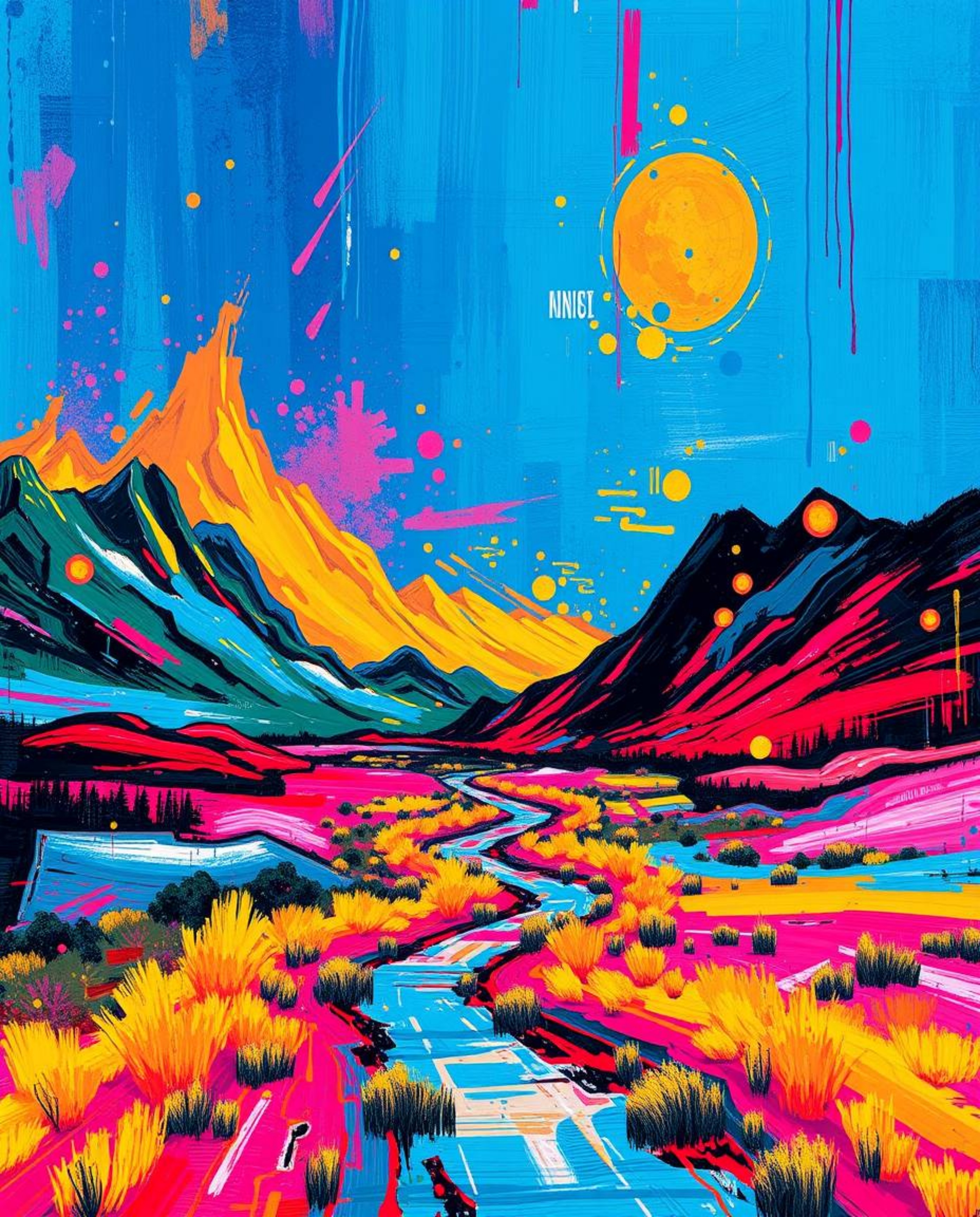This captivating digital glitch landscape, rendered with bold acrylic textures, is in a state of dynamic disintegration, yet 