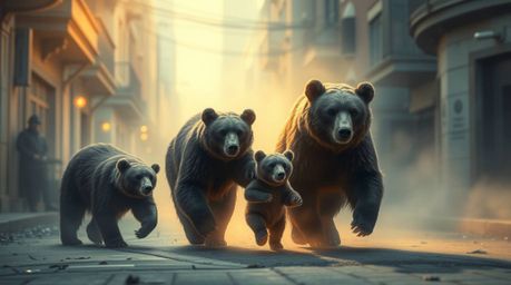 Embark on a mystical urban adventure with a bear family, surrounded by an ethereal spiritual vibe and a light aura. The scene