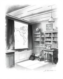 A delicate black and white watercolor painting depicts a glowing map projected in the air within an old study.  The artist us