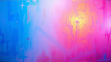 This image showcases a bold acrylic painting viewed from a unique overhead perspective.  The artwork features an iridescent g