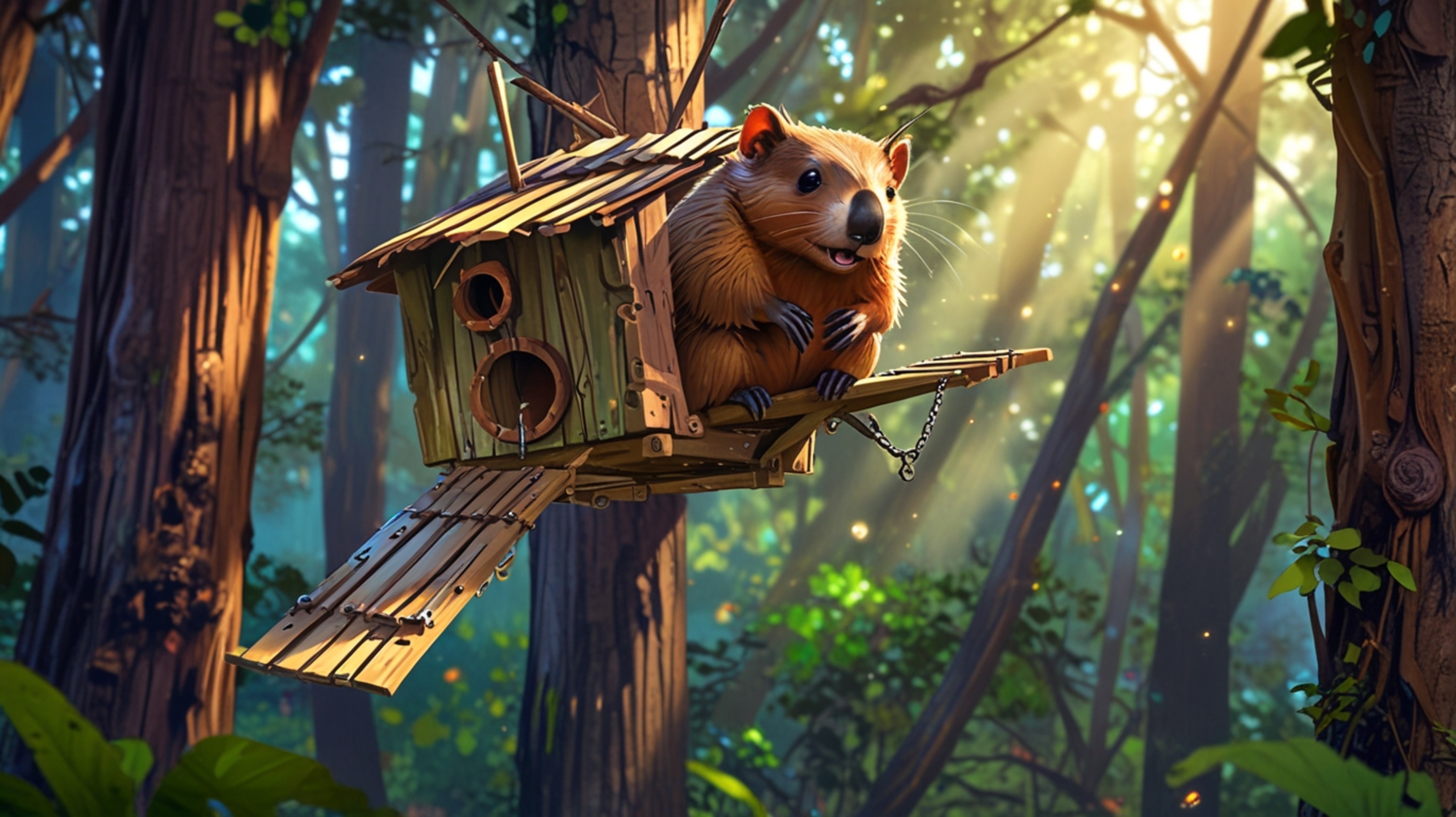 In a whimsical scene that blends the styles of Pixar and anime, a beaver is depicted building the perfect treehouse for orpha