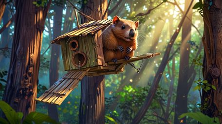 In a whimsical scene that blends the styles of Pixar and anime, a beaver is depicted building the perfect treehouse for orpha