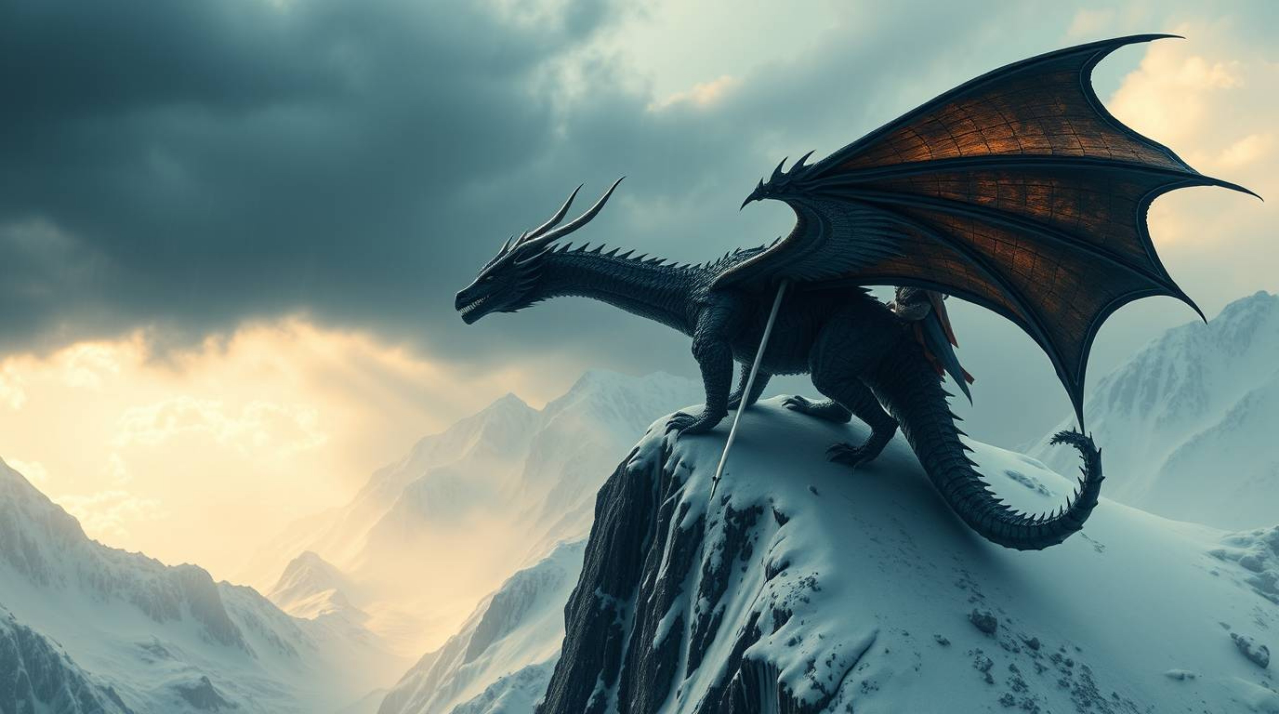 Experience the breathtaking view of a dragon and its rider soaring above icy mountains under a dramatically stormy sky. This 