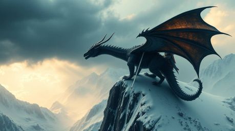 Experience the breathtaking view of a dragon and its rider soaring above icy mountains under a dramatically stormy sky. This 