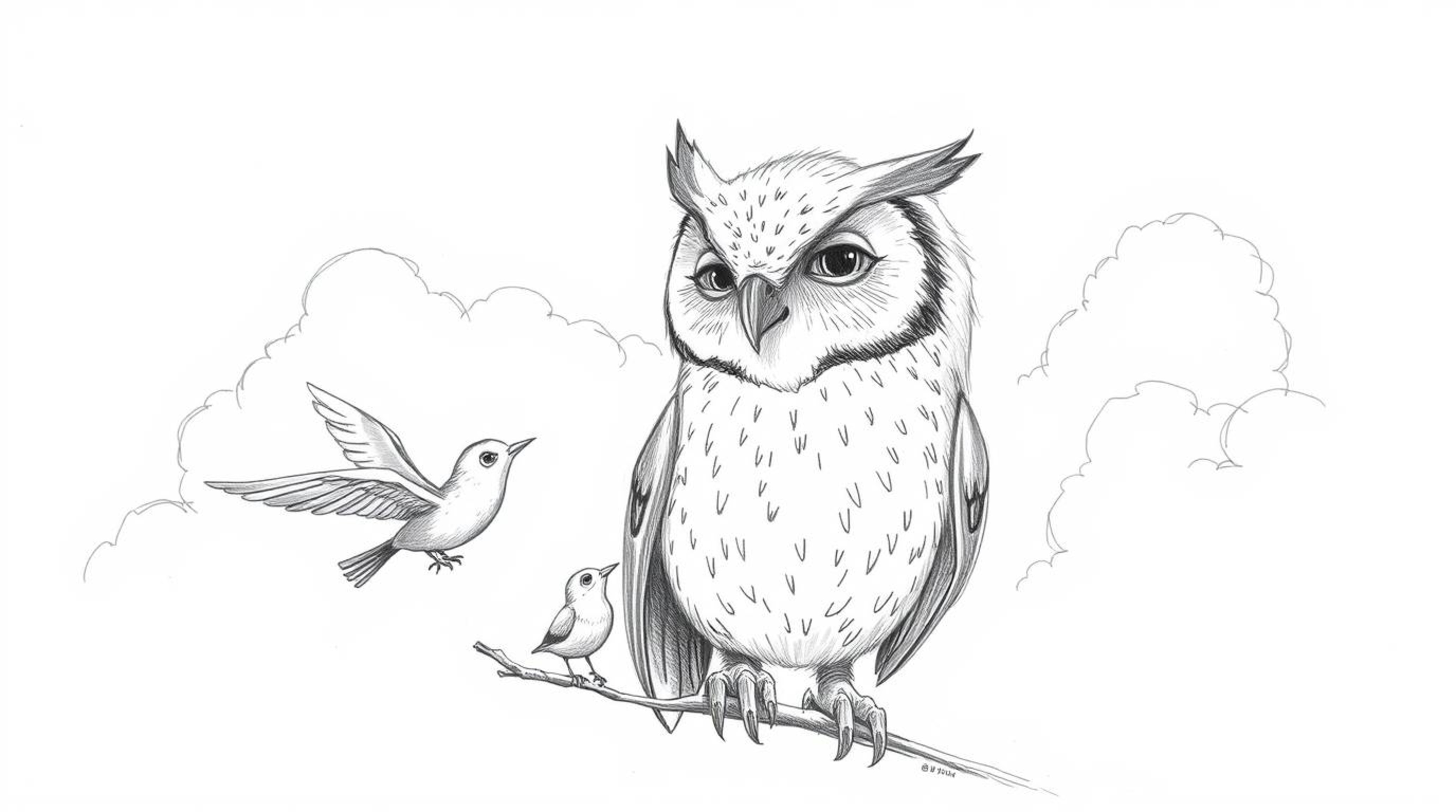 A heartwarming hand-drawn sketch reminiscent of Pixar, depicting a kind, elderly, blind owl guiding small birds in their firs